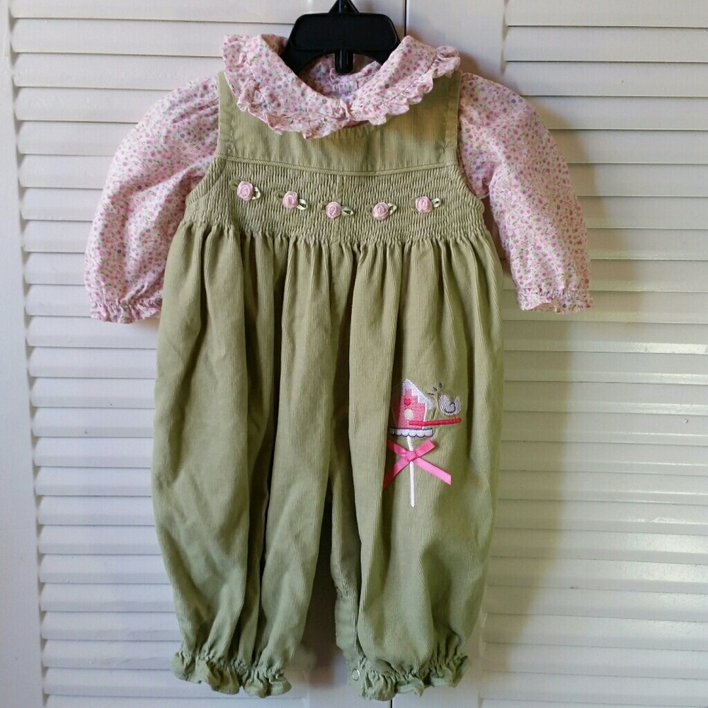 B.T.Kids Vintage Pink Bird House Rose Corduroy Romper Snap